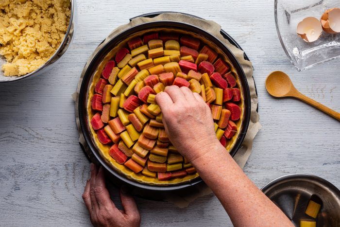 Rhubarb arranged in a baking tin